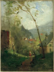 Femme en robe rouge devant un paysage